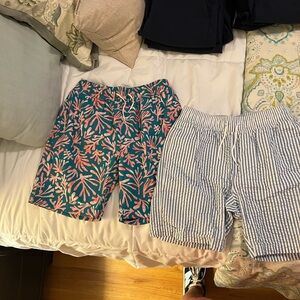 J crew boys Teal and Coral Patterned and blue seersucker swim shorts